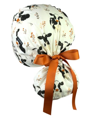 Image of Scrub Cap for Women and Men, Ponytail Scrub Caps, Working Hat, Head Cover with Ribbon Ties and Buttons, Long Hair