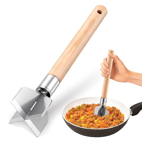 Enhon Stainless Steel Meat Chopper, 11.8 Inch Ground Beef Chopper Tool, Heavy Duty Mashing Head & Wooden Handle, Rust prevention & Sturdy Ground Meat Smasher for Hamburger, Beef, Turkey