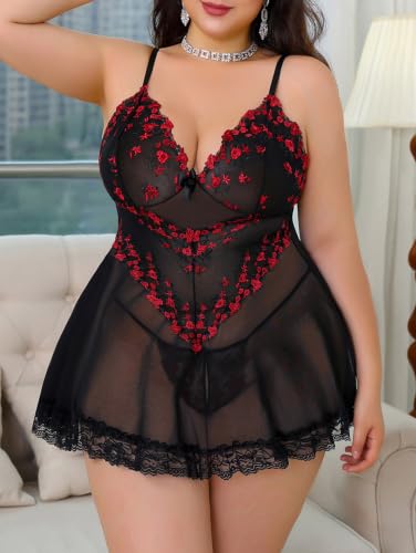 Image of Alrovetoney Women Plus Size Babydoll Lingerie Lace Chemise Mesh Sleepwear Strappy Sexy Nightgown Boudoir Outfit L-4XL