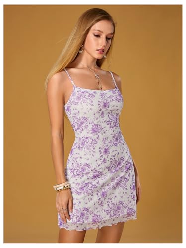 Image of Floerns Women's Summer Spaghetti Strap Cowl Neck Satin Mini Tropical Dress