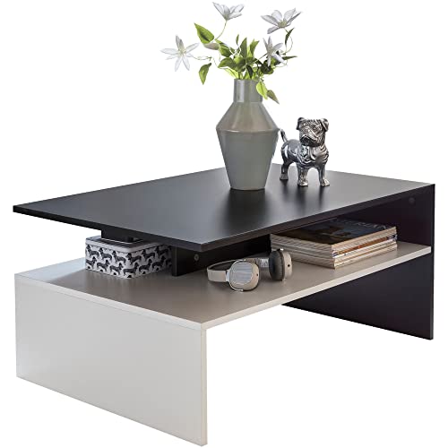 Wohnzimmertisch 90 x 43 x 60 cm mit Ablage Holz Schwarz/Weiß | Design Wohnzimmer Couchtisch zweiteilig mit Stauraum | Sofatisch eckig Kaffeetisch modern | Loungetisch groß & hoch