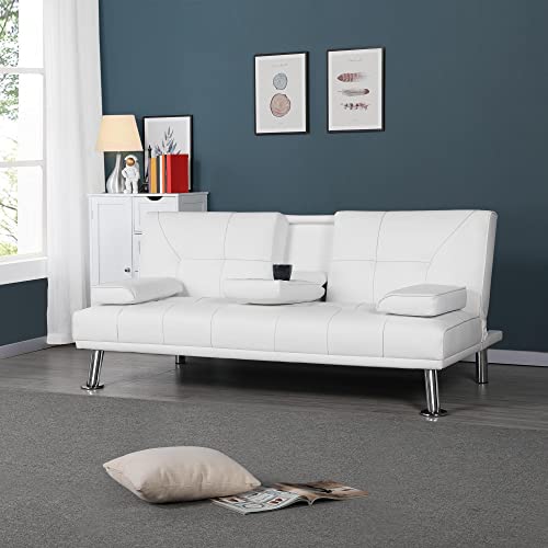 Yaheetech Convertible Sofa Bed Adjustable Couch Sleeper Modern Faux Leather Home Recliner Reversible Loveseat Folding Daybed Guest Bed, Removable Armrests, Cup Holders, 3 Angles, 772Lb Capacity, White #TOP1
