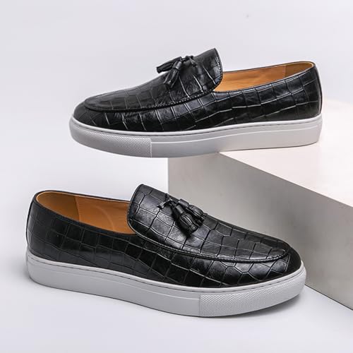 Image of Men's Pattern Leather Platform Slip On Tassel Loafers Comfortable Round Toe Low Top Non-Slip Casual Dress Shoes Flat Penny Loafer for Dating Business Party