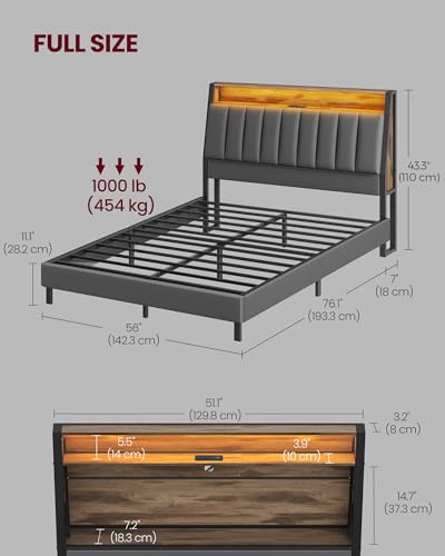 VASAGLE LED Bed Frame Full Size, Storage Headboard and Charging Station, Full Bed Frame with 2 AC Outlets, 1 USB Port, 1 Type-C Port, No Box Spring Needed, Dove Gray and Camel Brown URMB842G01