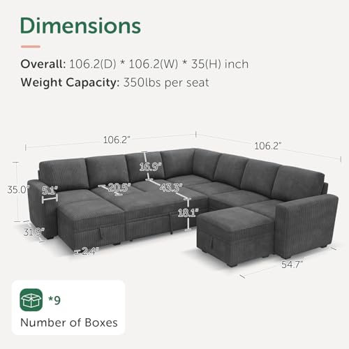 Image of HONBAY Modular Sectional Sleeper Sofa with Pull Out Couch, Corduroy Oversized Sectional Couches Pull Out Bed with U Shaped Sleeper Storage for Living Room - Dark Grey