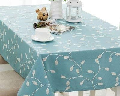 Tina's Cotton Linen Tablecloth Leaf Embroidered Table Cover for Dinner Kitchen Blue, 52"x52"