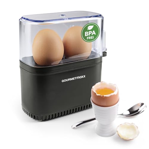GOURMETmaxx Design Eierkocher für 2 Eier | kompakter Egg Boiler | Egg Cooker mit Eierstecher, Messbecher & Signalton | 3 Härtegrade | leichte Reinigung & spülmaschinenfeste Teile