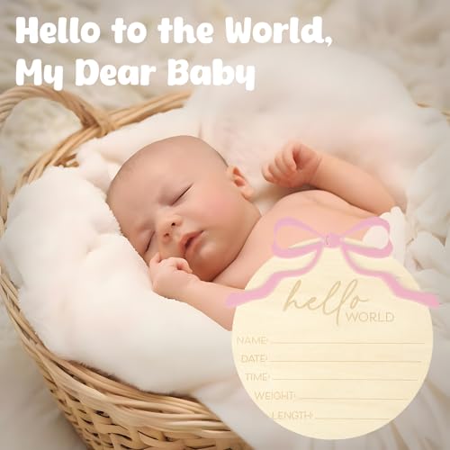 Image of Wooden Baby Announcement Sign & Baby Monthly Milestone Sign Set, Birth Announcement & 1-12 Months Interchangeable Discs for Newborn Girls Photo Props (Pink Numbers)