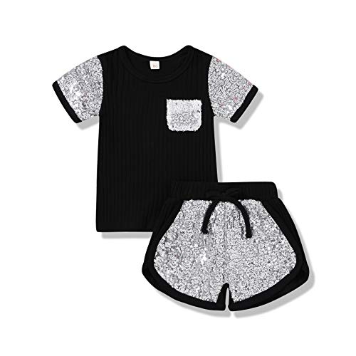 Toddler Baby Girl Summer Clothes Set Trendy Sequins Shirts Tops Shorts Pants 2PCS Baby Girl Outfit Set (Black, 18-24 Months)