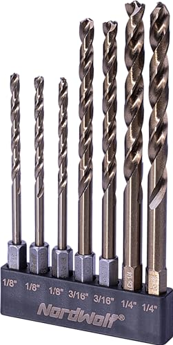 NordWolf 7-Piece M35 Cobalt Jobber Drill Bit Set for Stainless Steel & Hard Metals, Multi Points Drill Tip with 1/4" Hex Shank for Quick Chucks & Impact Drivers, SAE Sizes 1/8"(x3)-3/16"(x2)-1/4"(x2)