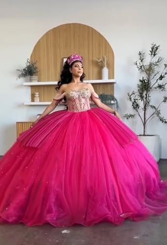 Youjiayi Glitter Gold Appliques Quinceanera Dresses with Train Off Shoulder Layered Sweet 16 Dresses Lace Beaded Ball Gown3