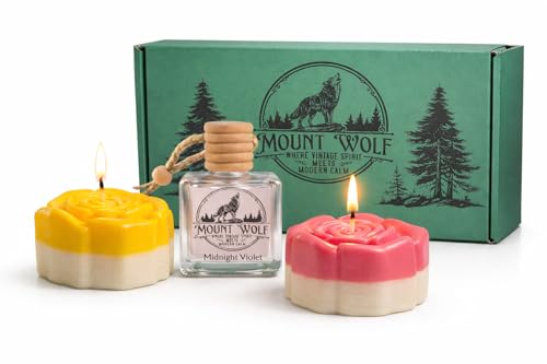 Image of Luxury Rose Petal Candle Set (Rose & Vanilla) with Lavender Hanging Car Diffuser - Decorative Floral Candle Combo for Home & Car Perfume | Mount Wolf
