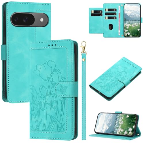 Étui Google Pixel 8A vert avec portefeuille en cuir motif papillon chic