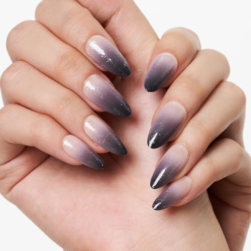 GLAMERMAID Press on Nails Medium Almond, Black Dark Purple Ombre French Tip Glue on Gel Nails, 24Pcs Short Stiletto Acrylic False Nails Kits Reusable UV Finish Full Cover Stick on Nails for Women Gift - Thumbnail 4