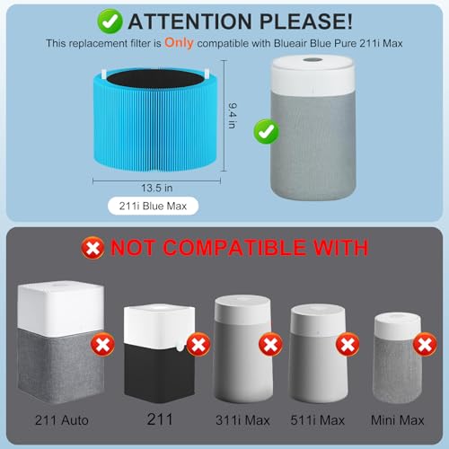 Image of 211i Max Replacement Filter Compatible for Blueair Blue Pure 211i Max(Not for 211+ /211+ Auto), Efficient&Powerful Particle Dust Pet Dander Filter&Odor Smoke Activated Carbon Filter, F2MAX, Blue, 2Pack
