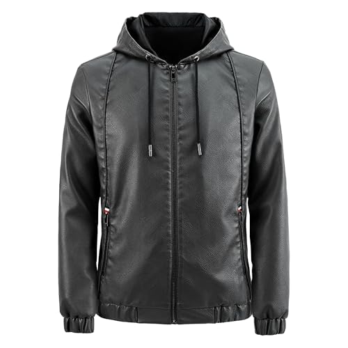 Manteau de motard à capuche homme en cuir synthétique gris foncé