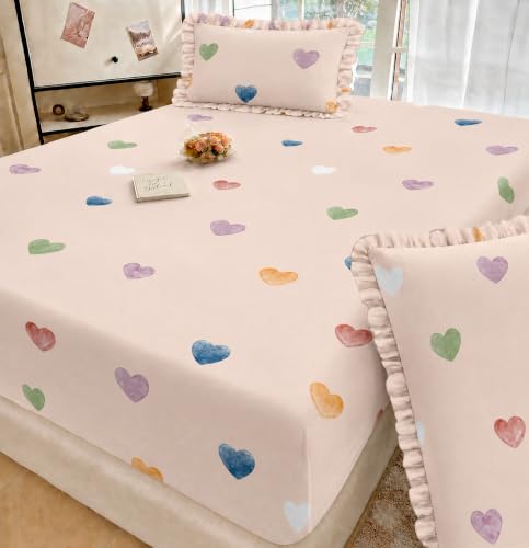 Image of VOMZER King Size (72x78) 300 TC Soft Cotton Feel Microfiber All Around Elastic Fitted Double Bedsheet with 2 Frill Pillow Covers | Dust Pink Heart