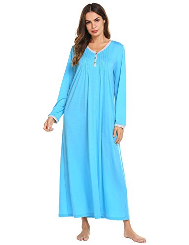 Ekouaer Womens Cotton Knit Long Sleeve Nightgown for Women, Henley Full Length Sleep Dress,Blue,X-Large