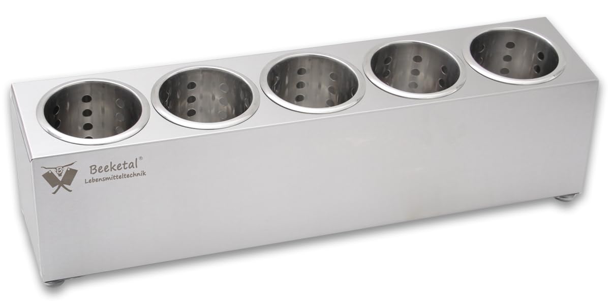Beeketal 'BBK-5' Profi Gastro Besteckbehälter aus Edelstahl poliert inkl. 5 Köcher einreihig, entnehmbare Besteck Köcher, Oberfläche leicht abgeschrägt - Abmessung (L/B/H): ca. 625 x 150 x 185 mm