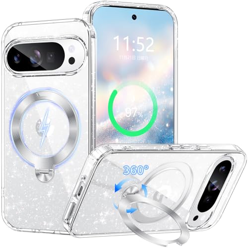 PETORA Google Pixel 9 Pro XL 用 ケース リング付き MagSafe対応【360度回転式マグネットスタンド・縦横両対応】米軍MIL規格 耐衝撃 レンズ保護 黄ばみ防止 滑り止め マグセーフワイヤレス充電対応 携帯カバー おしゃれ スマホケース かわいい キラキラ (クリアラメ,Google Pixel 9 Pro XL)（Amazon）