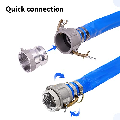 Image of 2 inch x 100ft PVC Lay Flat Discharge Hose With Aluminum Camlock C & E | Fittings, Cam Lock Fitting Type A included, Heavy Duty Reinforced Pump Backwash Hose Assembly