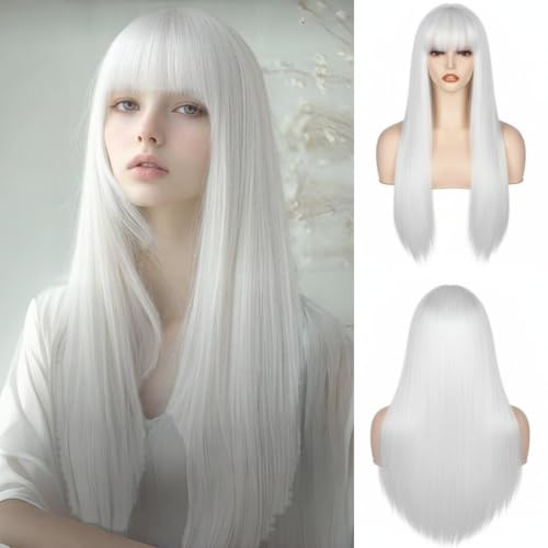 Daiaces Long Straight White Wig for Women White Wig with Bangs Heat Resistant Synthetic Womens Hair Wigs for Cosplay Party Halloween