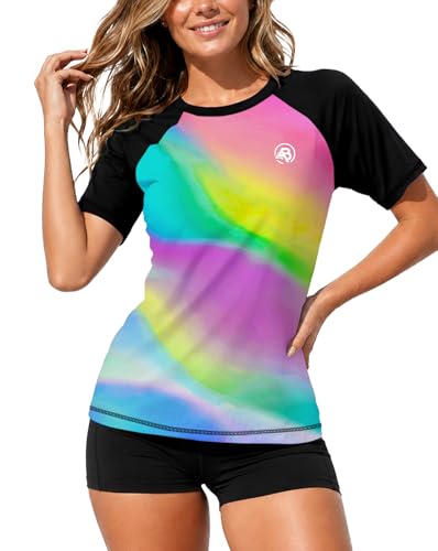 Image of AOBUTE Women Short Sleeve Rash Guard Gradient Sun Protection Swim Shirts