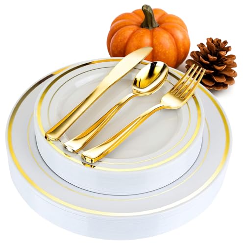 125-Piece White and Gold Fancy Plastic Plates Disposable with Silverware, Elegant Dinnerware for Weddings, Holiday Party China, Set of 25 Dinner + Salad Plates, 25 Spoons, 25 Forks, 25 Knives