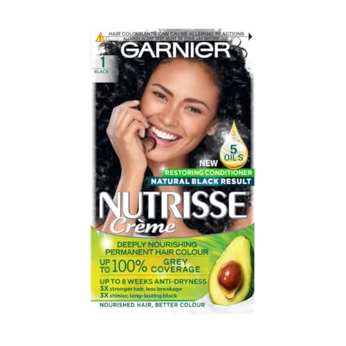 Garnier Nutrisse Permanent Hair Dye, Natural-looking, hair colour result, For All Hair Types, 1 Black