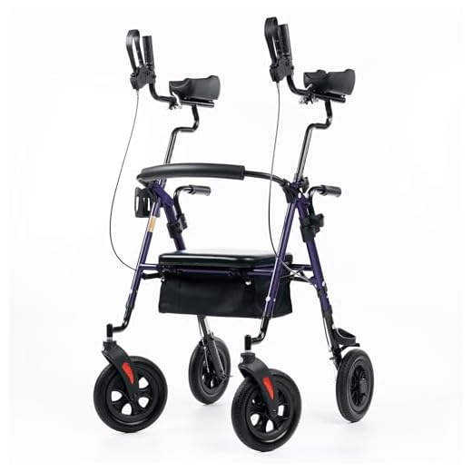 ELENKER All-Terrain Upright Rollator Walker, Stand Up Rolling Walker with 10’’Big PU Wheels and Adjustable Padded Armrests for Seniors from 4’8”to 6'4”, Purple