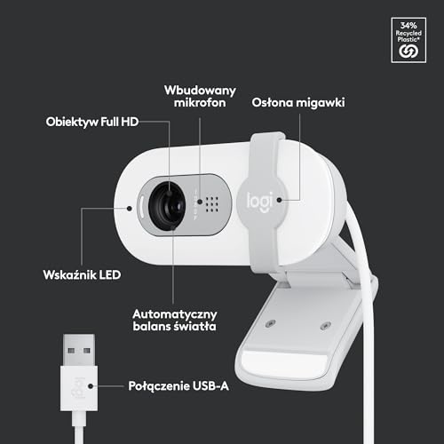 Logitech Brio 100 Full HD Kamera do spotkań i streamowania, automatyczny balans światła, wbudowany mikrofon, osłona migawki, USB-A, do Microsoft Teams, Google Meet, Zoom i innych - Biały