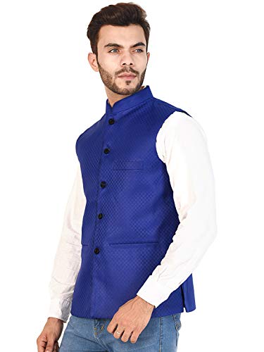 Image of Vastraa Fusion Men's Cotton Bandhgala Checkered Nehru Jacket /Waistcoat (Blue, 46)