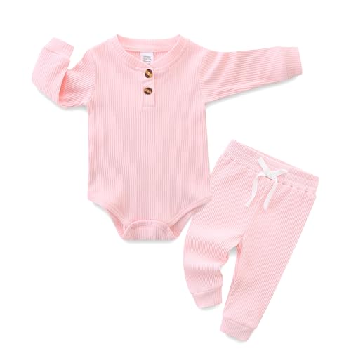 Image of Hikido Newborn Baby Boy Girl Clothes Infant Ribbed Romper Cotton Long Sleeve Pant Sets for 0~18M Infant