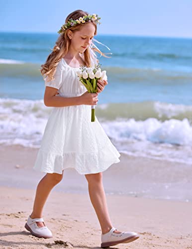 Arshiner Dress For Girls Short Sleeves Tie Back Dresses Swing Sundress White 10-11Y #TOP7
