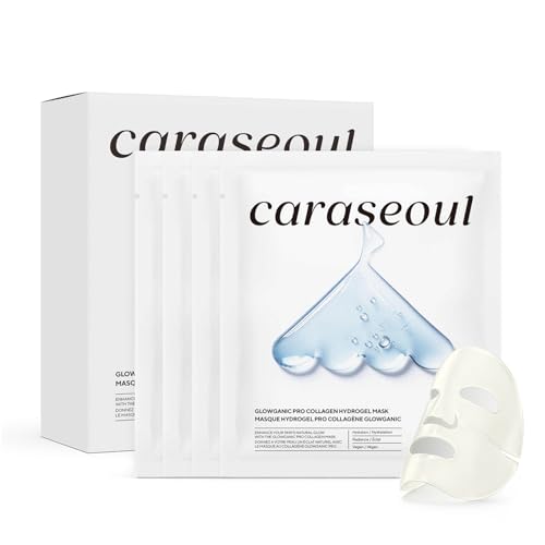 caraseoul Glowganic Pro Collagen Hydrogel Maske – Niacinamid & Adenosin für Glass Skin & Porenverfeinerung – Vegane Koreanische Hautpflege (K-Beauty) für Home-Spa & Self-Care [4er Pack x 34g]