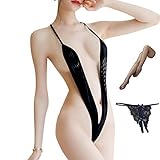 OLYOLY【3点セット】濡れ透け 超ハイレグレオタード Tバック 透け感 スケスケ 透ける水着 透ける下着 セクシー レースクイーン コスプレ 過激 ランジェリー ニーハイ ストッキング (D 黒)