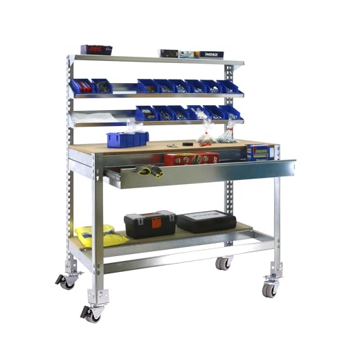Simon Rack Banco de Trabajo Taller, Capacidad Carga 120 kg, 1520x1210x610 mm, Mesa de Trabajo, Incluye Ruedas, 1 Cajón, Galva/Madera - BT1