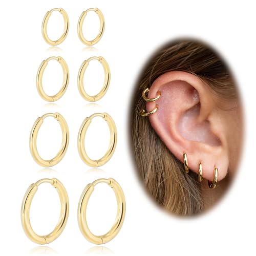 Small Gold Silver Hoop Earrings for Women Men Huggie Earrings for Cartilage Helix Hypoallergenic Surgical Stainless Steel Earrings 6/8/10/12mm Thin Hoop Sets for Multiple Piercing (Gold-1.6mm-Thin)