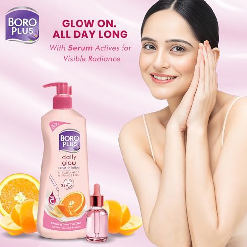 Image of BoroPlus Daily Glow Body Lotion | With Niacinamide, Orange Peel & Triple UV Filters | 24 hrs Moisturisation | For Glowing Even Tone Skin | All Seasons | All Skin Types | No Added Parabens | 400ml