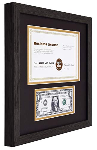 Space Art Deco, 11.5X11.5 Frame With 2 Opening Black Over Gold Double Mat Fits A 8.5X5.5 Business License And A Dollar Bill Frame, Easel Stand And Wall Mounting (Dark Brown Textured Design) #TOP1