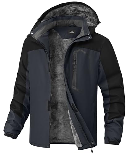 Image of Mens Winter Jackets Waterproof Warm Fleece Ski Jacket with Hood Thermal Windproof Coat Zip Pockets