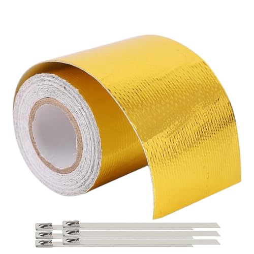 Nastro di scappamento termico, 10 m x 5 cm, autoadesivo con 6 fascette stringicavi, pellicola resistente al calore, per auto, moto, colore oro