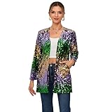THANKPEARL Women's Sequin Jacket Long Sleeve Open Front Blazer Sparkly Party Cardigan Green+Gold+Purple,M