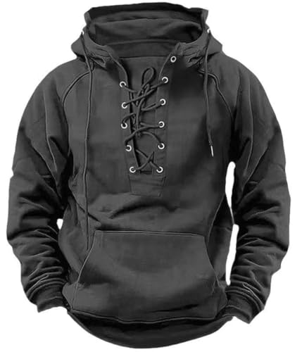 Mens Tactical Sweatshirts Lace Up Hooded Pullover Long Sleeve Cargo Workout Outdoor Hoodies with Pocket