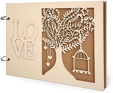 LQKYWNA Wedding Guest Book, Personalised Wedding Guestbook, Rustic Wooden Engagement Album Scrapbook DIY Adventure Scrapbook with Couple's Photo Slot (40 Pages)