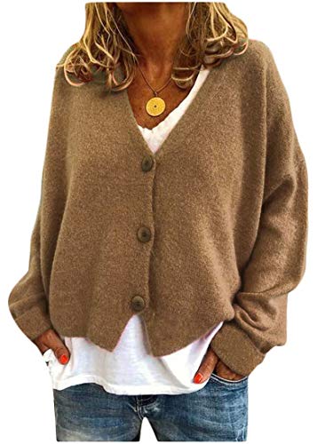 AiMei Women's Button Up V Neck Knit Basic Long Sleeve Sweater Cardigan Coat,Khaki,X-Small