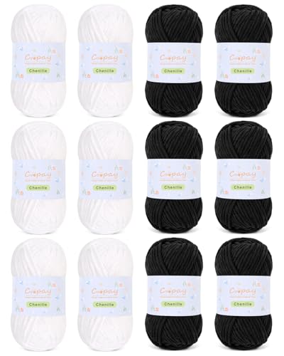 Image of Coopay Chenille Yarn for Crocheting, 12 Pack Medium Weight Yarn - CYC #4 - Total 780yd, Soft Crochet Yarns for Plush Toys, Blankets, Scarves (Black /White)