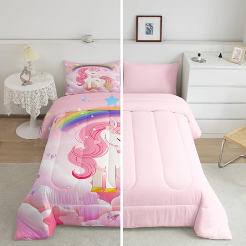 Image of Erosebridal Unicorn Girls Bedding Set - Queen Size Cute Rainbow Comforter Set Kids Cartoon Kawaii Cute Duvet Set Pink Unicorn Quilt Stars Fantasy Girls Room Decor Teens Children Reversible