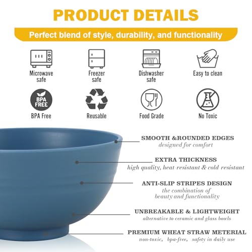 Image of Wheat Straw Bowls Set of 6, Unbreakable 10 OZ Small Bowls Set for Snack, Appetizers, Desserts, Microwave & Dishwasher Safe Alternative Plastic Bowls Reusable, Blue