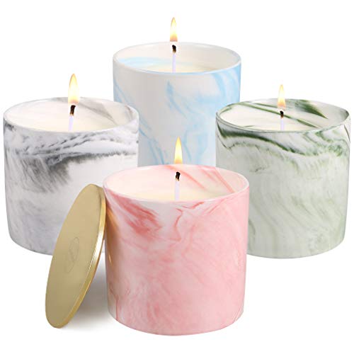 LANGRIA Duftkerzen-Set in marmorierter Keramiktasse, 200 ml, natürliches Sojawachskerzen, Bad Yoga, Aromatherapie  Vanille, Rose, Lavendel und weißer Gardenie, 4 Stück